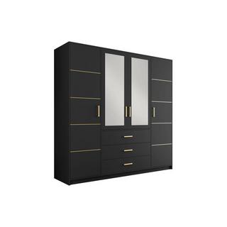 Vente-unique  Armoire 4 portes et 3 tiroirs - Avec miroirs - L196 - Noir et doré - MONLIO 