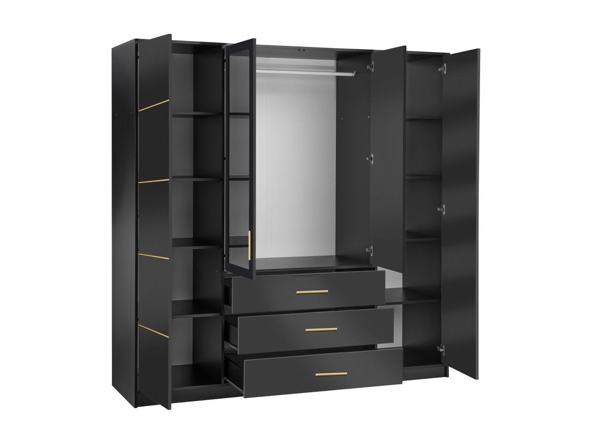 Vente-unique  Kleiderschrank mit 4 Türen & 3 Schubladen - Mit Spiegel - 196 cm - Schwarz & Goldfarben - MONLIO 