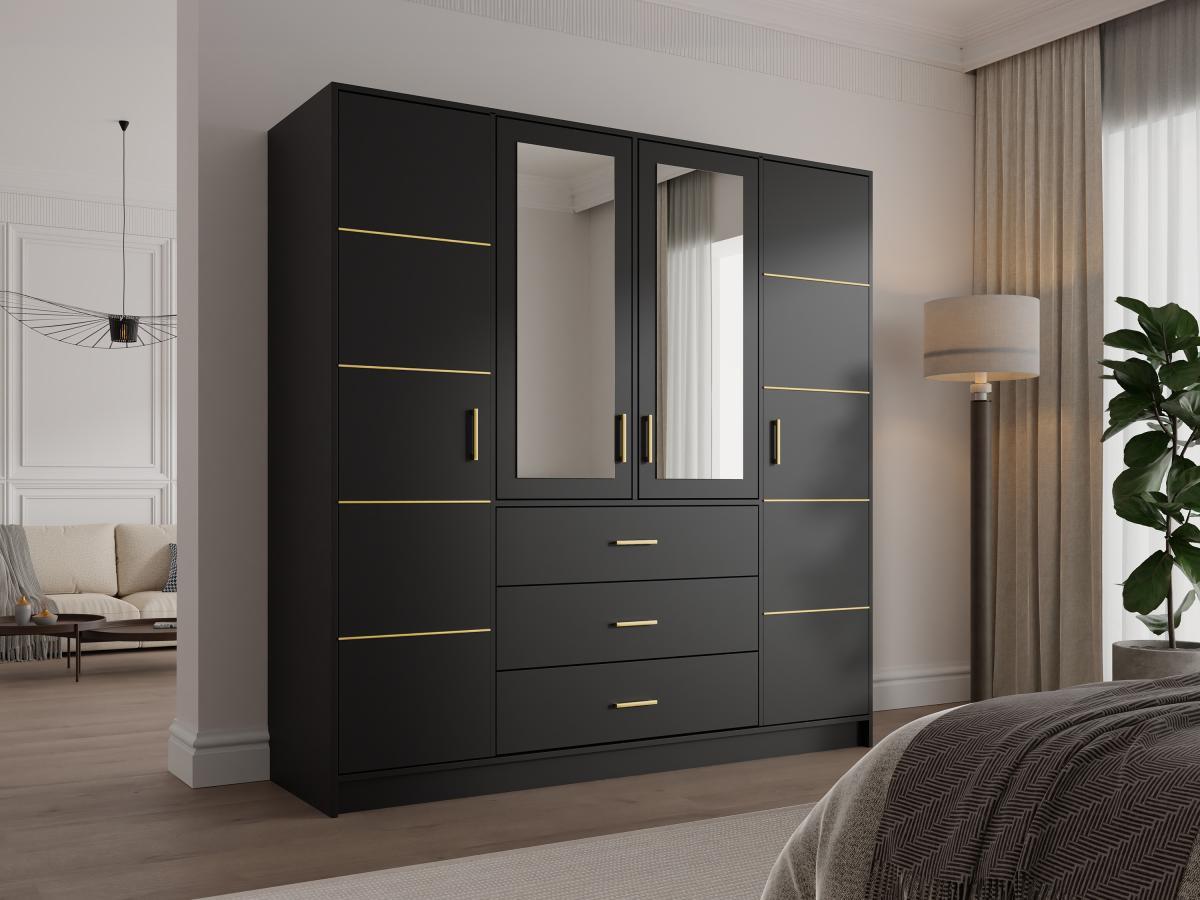 Vente-unique  Kleiderschrank mit 4 Türen & 3 Schubladen - Mit Spiegel - 196 cm - Schwarz & Goldfarben - MONLIO 