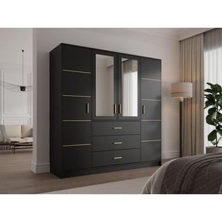 Vente-unique  Kleiderschrank mit 4 Türen & 3 Schubladen - Mit Spiegel - 196 cm - Schwarz & Goldfarben - MONLIO 