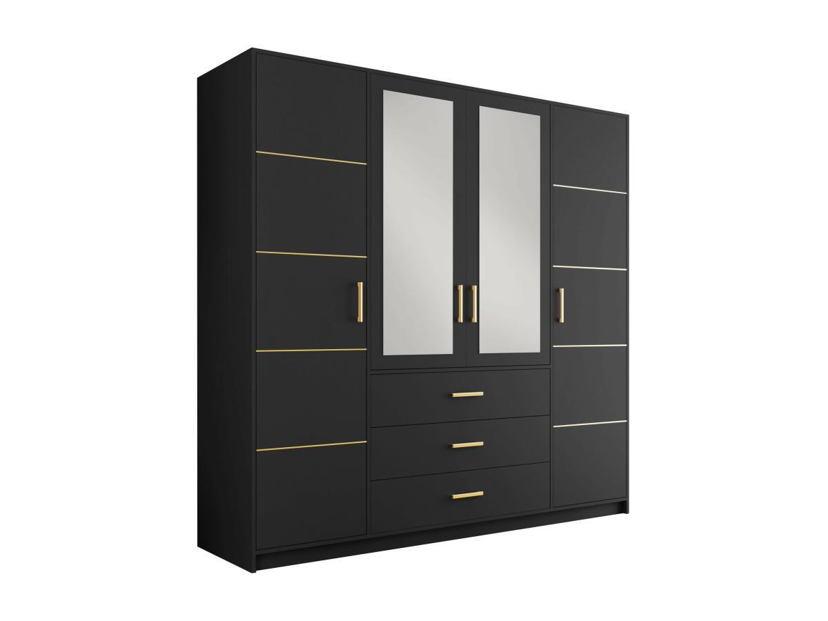 Vente-unique  Kleiderschrank mit 4 Türen & 3 Schubladen - Mit Spiegel - 196 cm - Schwarz & Goldfarben - MONLIO 