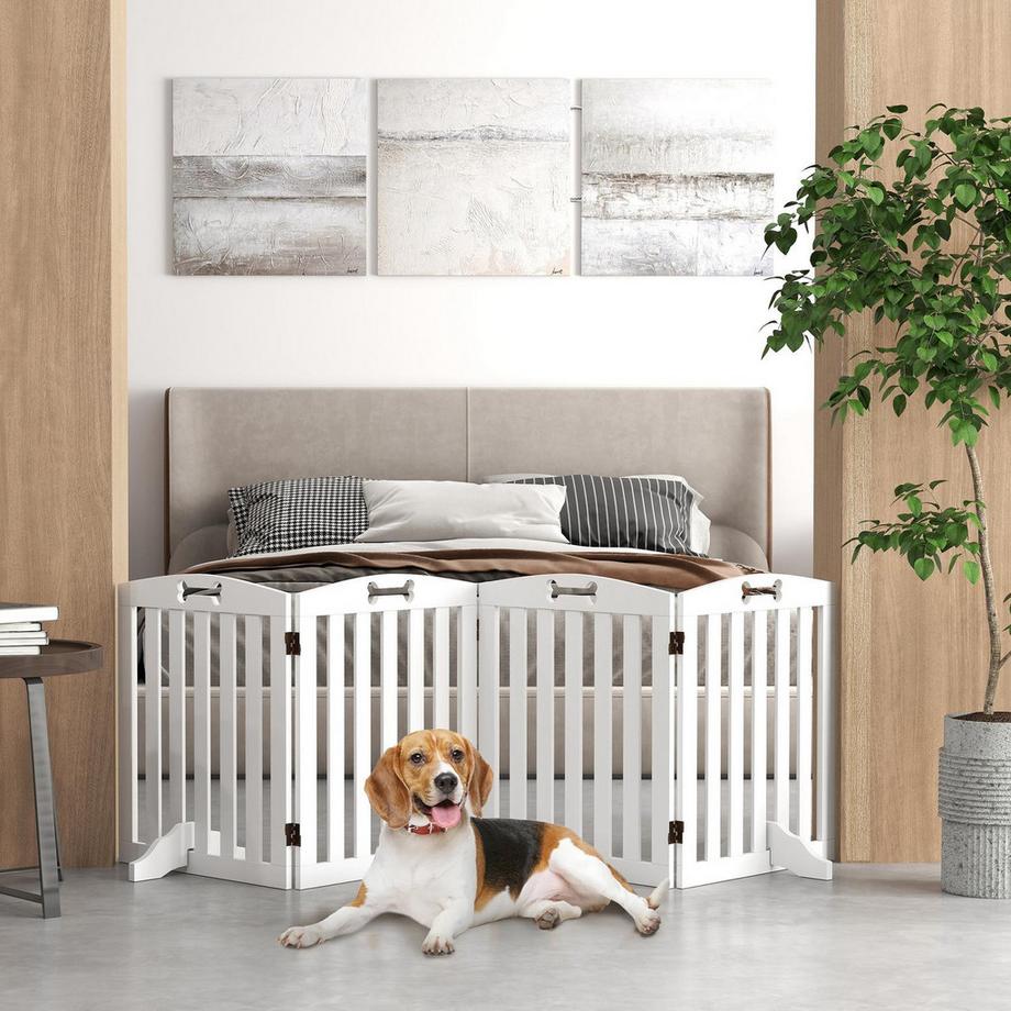 Northio  Absperrgitter Hund 4-teilig, 207,5 x 61 cm Faltbar Türschutzgitter mit 2 Stützfüßen, Freistehend Hundegitter, Treppengitter für mittelgroße Hunde, für Flur, Treppe, Weiß 