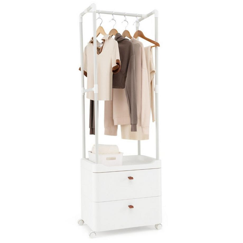 Northix Kleiderständer mit 2 Schubladen Garderobenständer mit feststellbaren Rollen 52 x 40 x 161 cm Weiß  