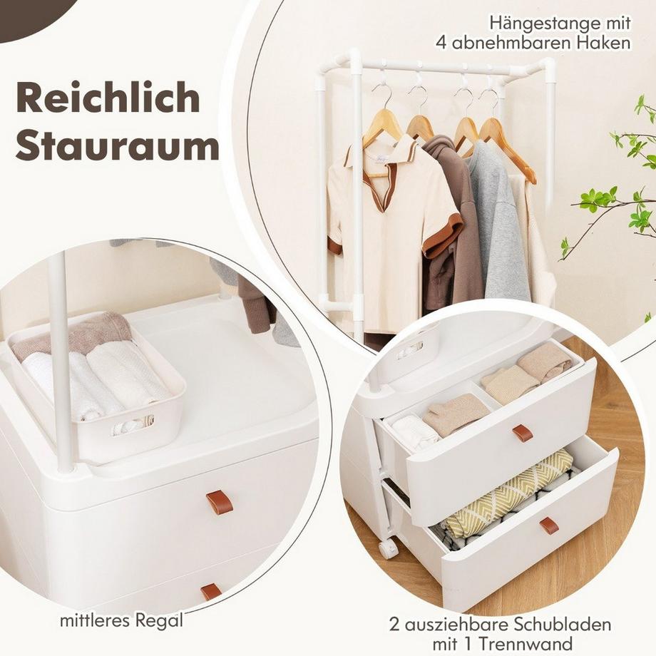 Northix Kleiderständer mit 2 Schubladen Garderobenständer mit feststellbaren Rollen 52 x 40 x 161 cm Weiß  