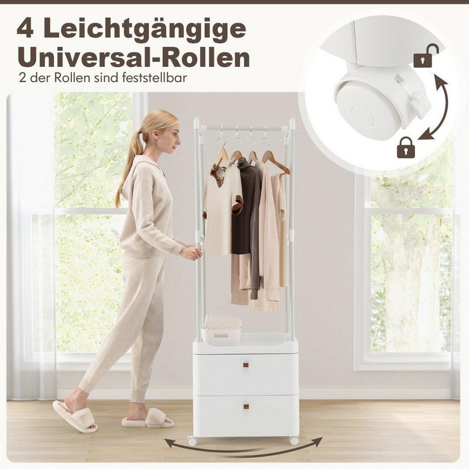 Northix Kleiderständer mit 2 Schubladen Garderobenständer mit feststellbaren Rollen 52 x 40 x 161 cm Weiß  