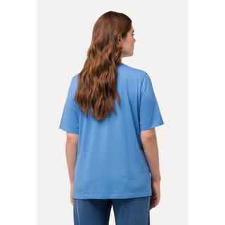 Ulla Popken  T-shirt in cotone biologico con ricami, scollo a girocollo e mezze maniche 