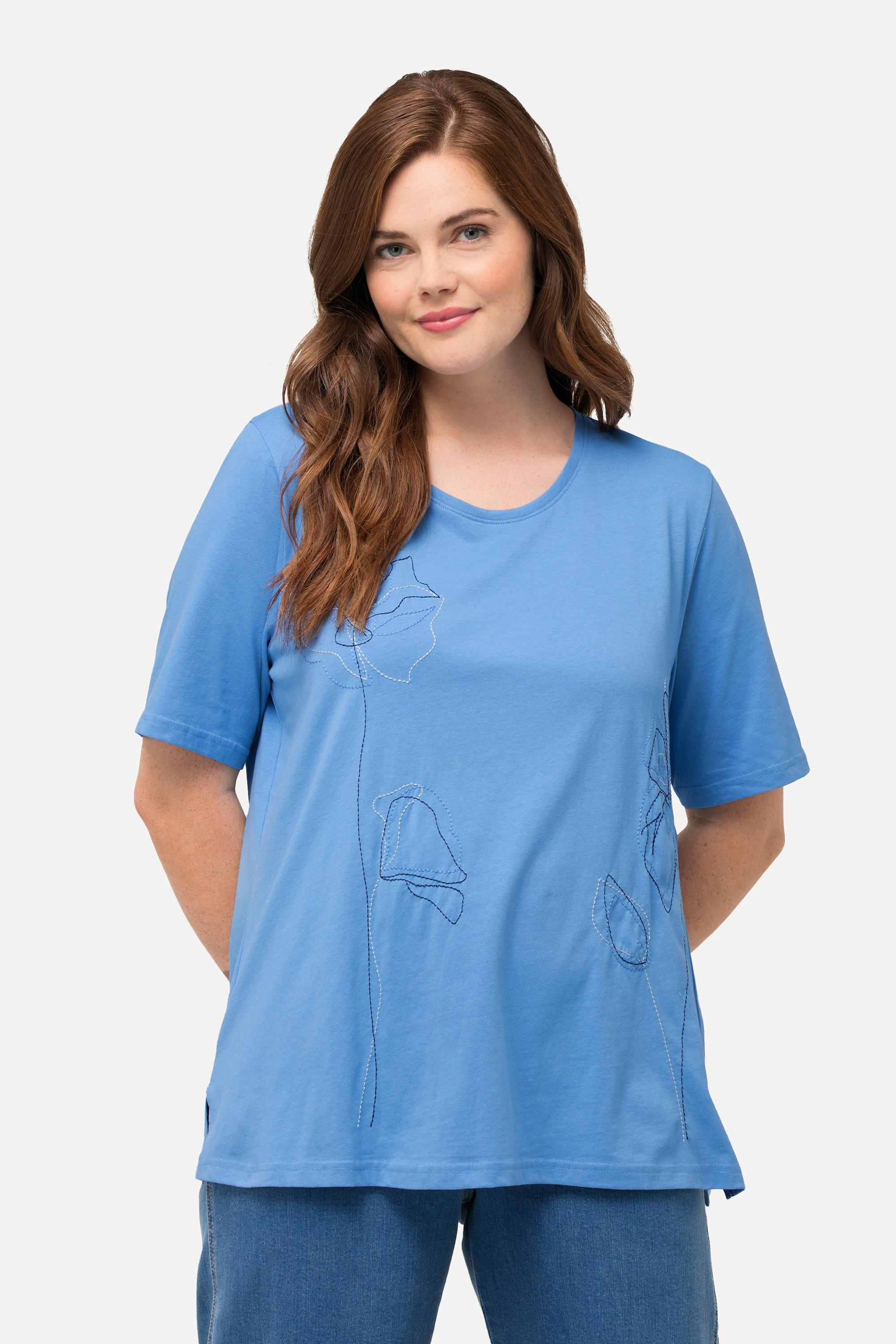 Ulla Popken  T-shirt in cotone biologico con ricami, scollo a girocollo e mezze maniche 