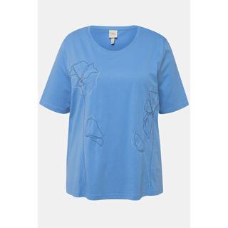 Ulla Popken  T-shirt in cotone biologico con ricami, scollo a girocollo e mezze maniche 