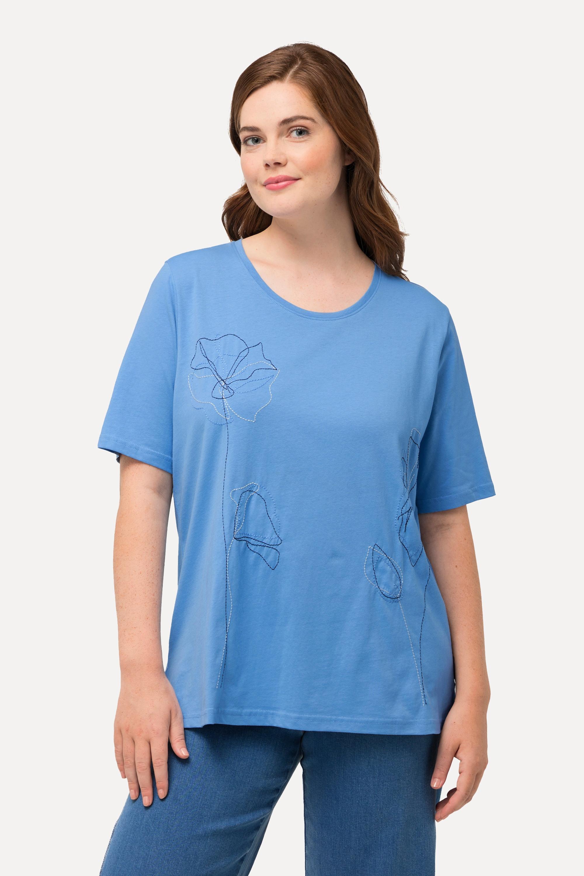 Ulla Popken  T-shirt in cotone biologico con ricami, scollo a girocollo e mezze maniche 