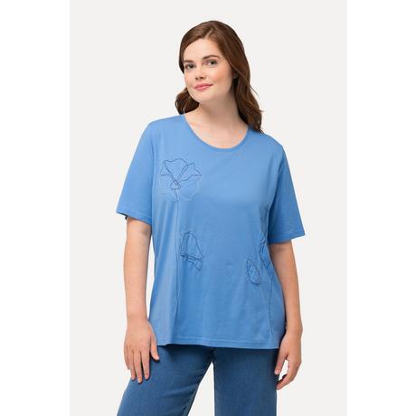 Ulla Popken  T-shirt in cotone biologico con ricami, scollo a girocollo e mezze maniche 