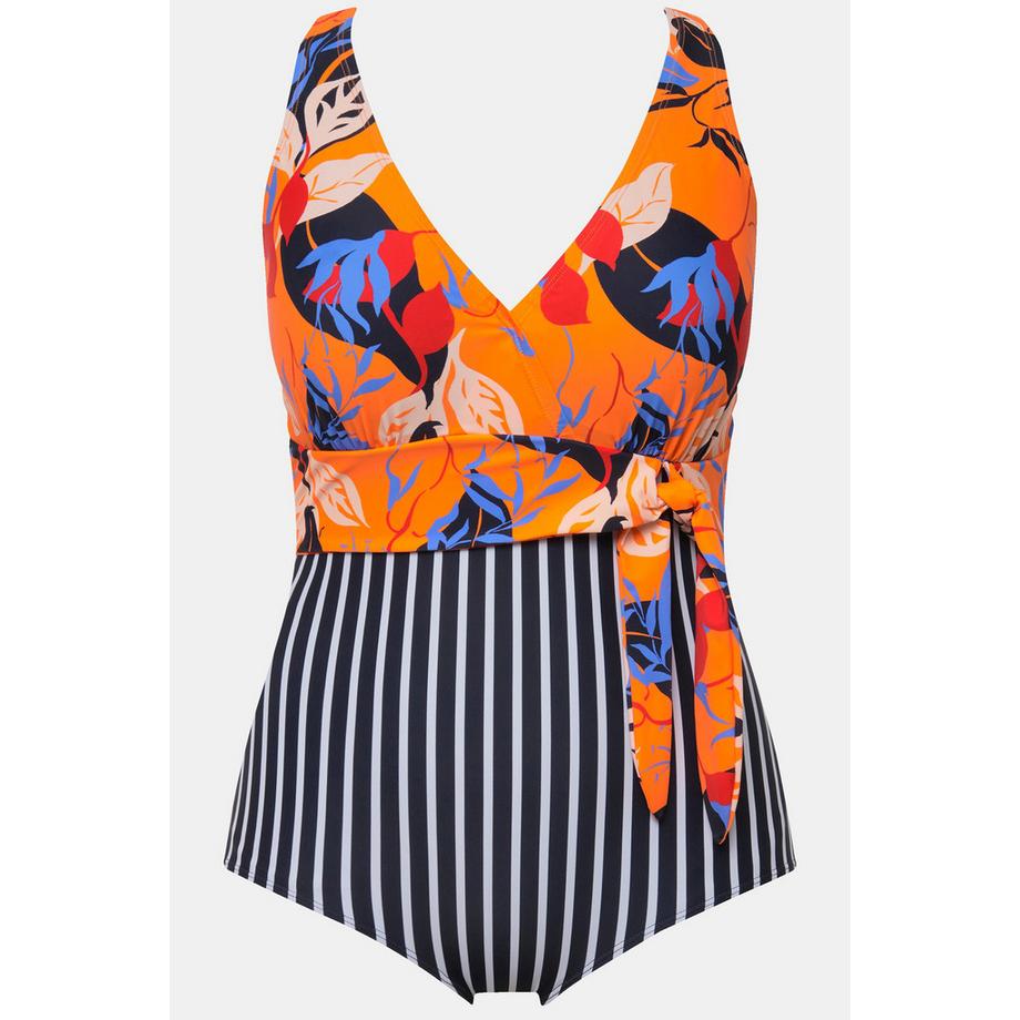 Ulla Popken Costume da bagno con stampa foglie coppe morbide effetto scollo all'americana  