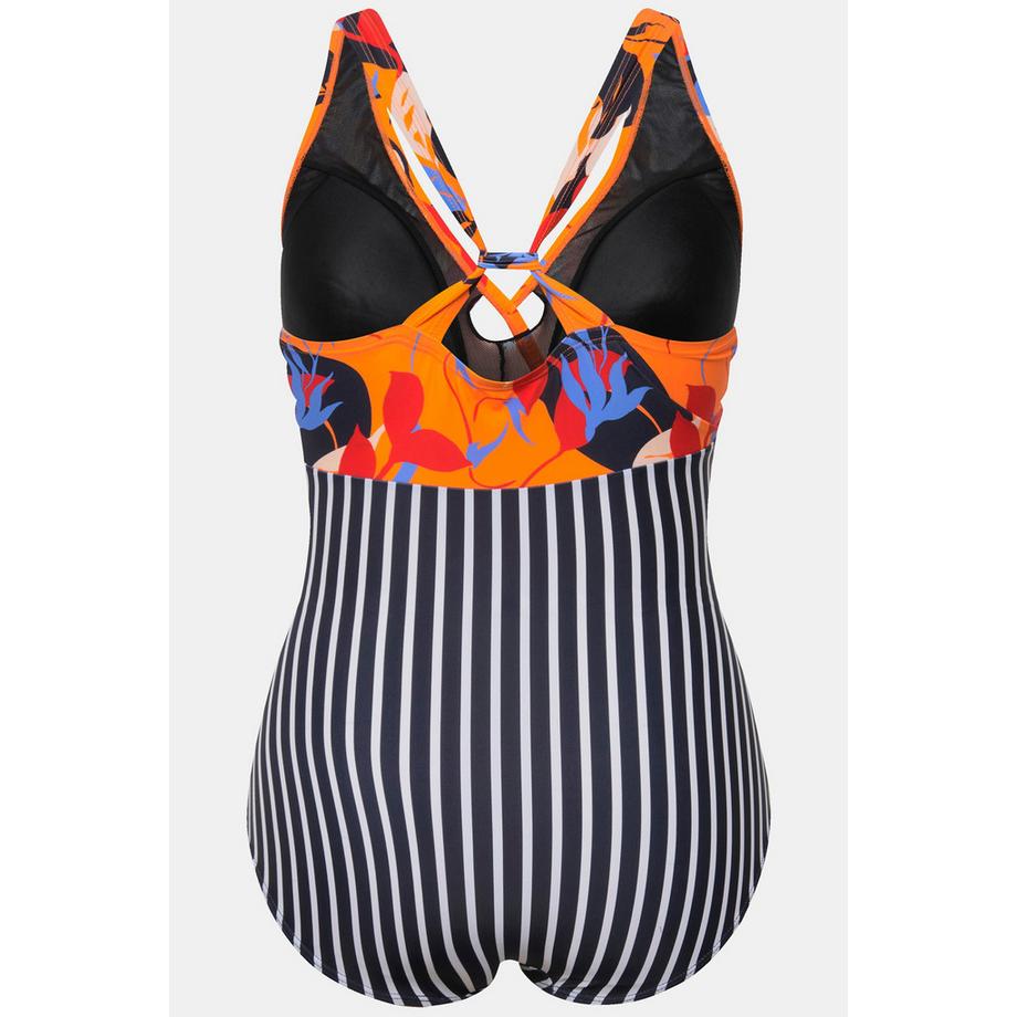 Ulla Popken Costume da bagno con stampa foglie coppe morbide effetto scollo all'americana  