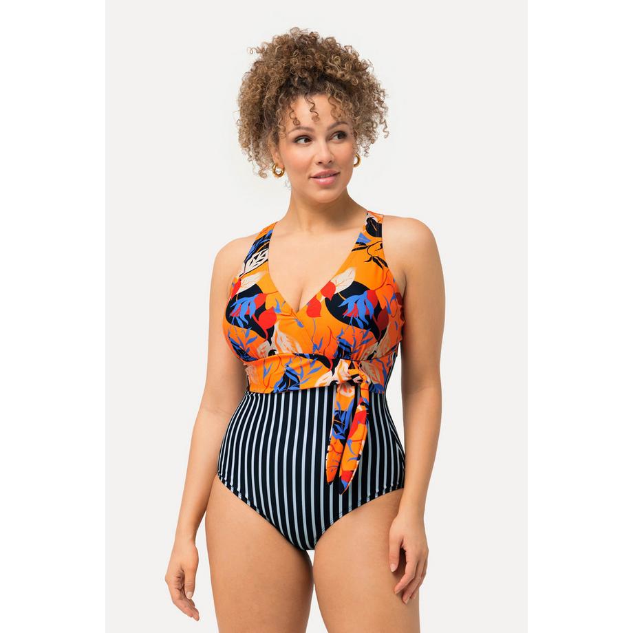 Ulla Popken Costume da bagno con stampa foglie coppe morbide effetto scollo all'americana  