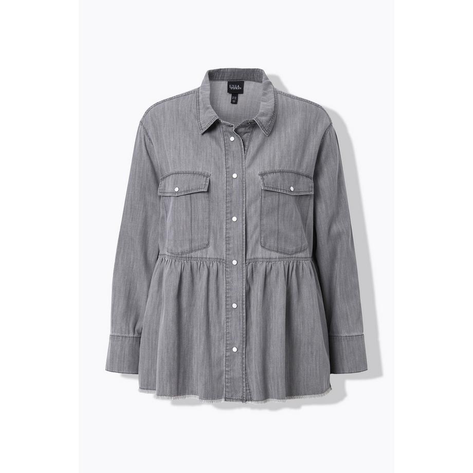 Ulla Popken Blouse en Jean Volant Ligne A Col Chemise Manches Longues Franges  