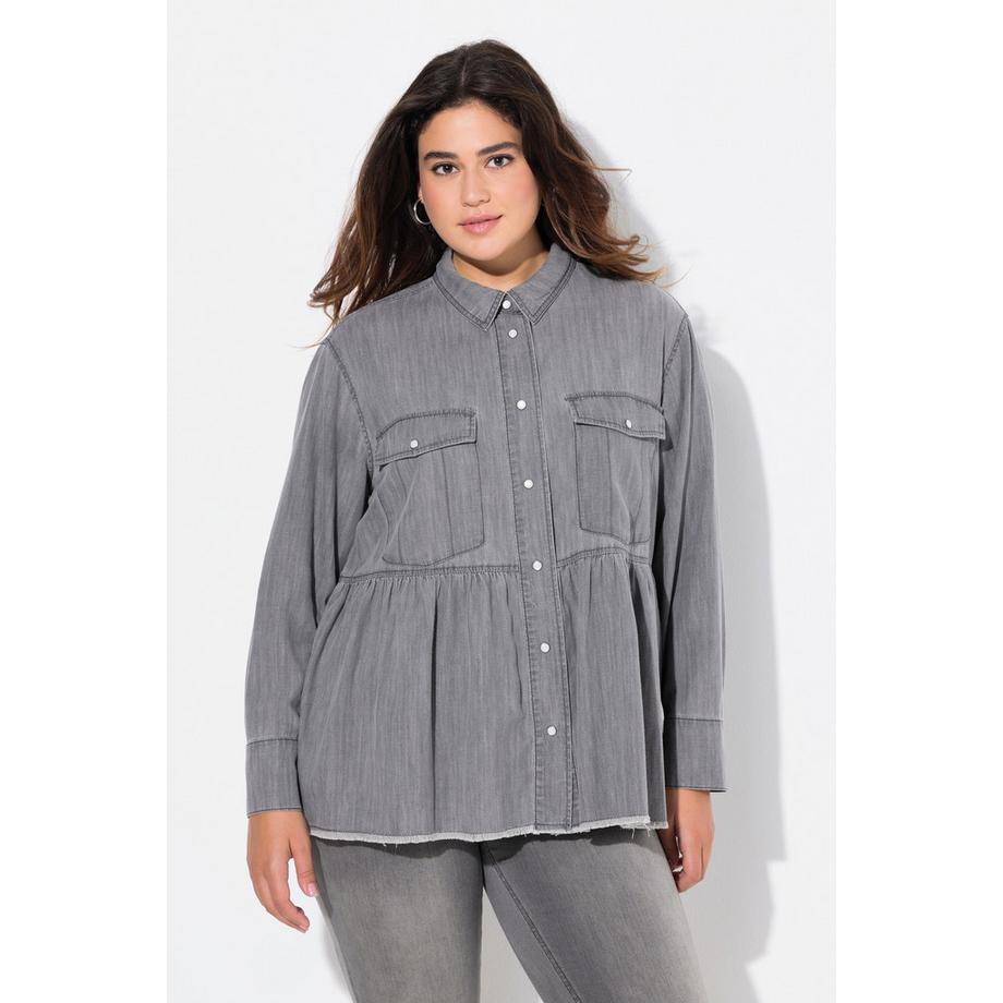 Ulla Popken Blouse en Jean Volant Ligne A Col Chemise Manches Longues Franges  