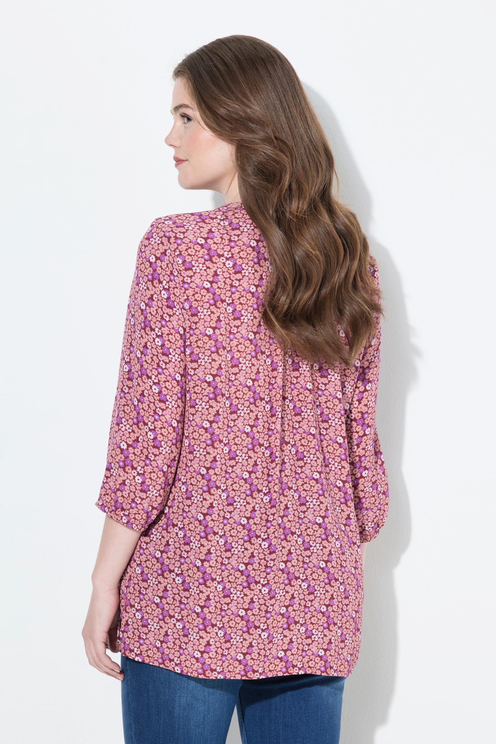 Ulla Popken Blouse Smockée Motif à Fleurs Décolleté Rond Manches 3/4  