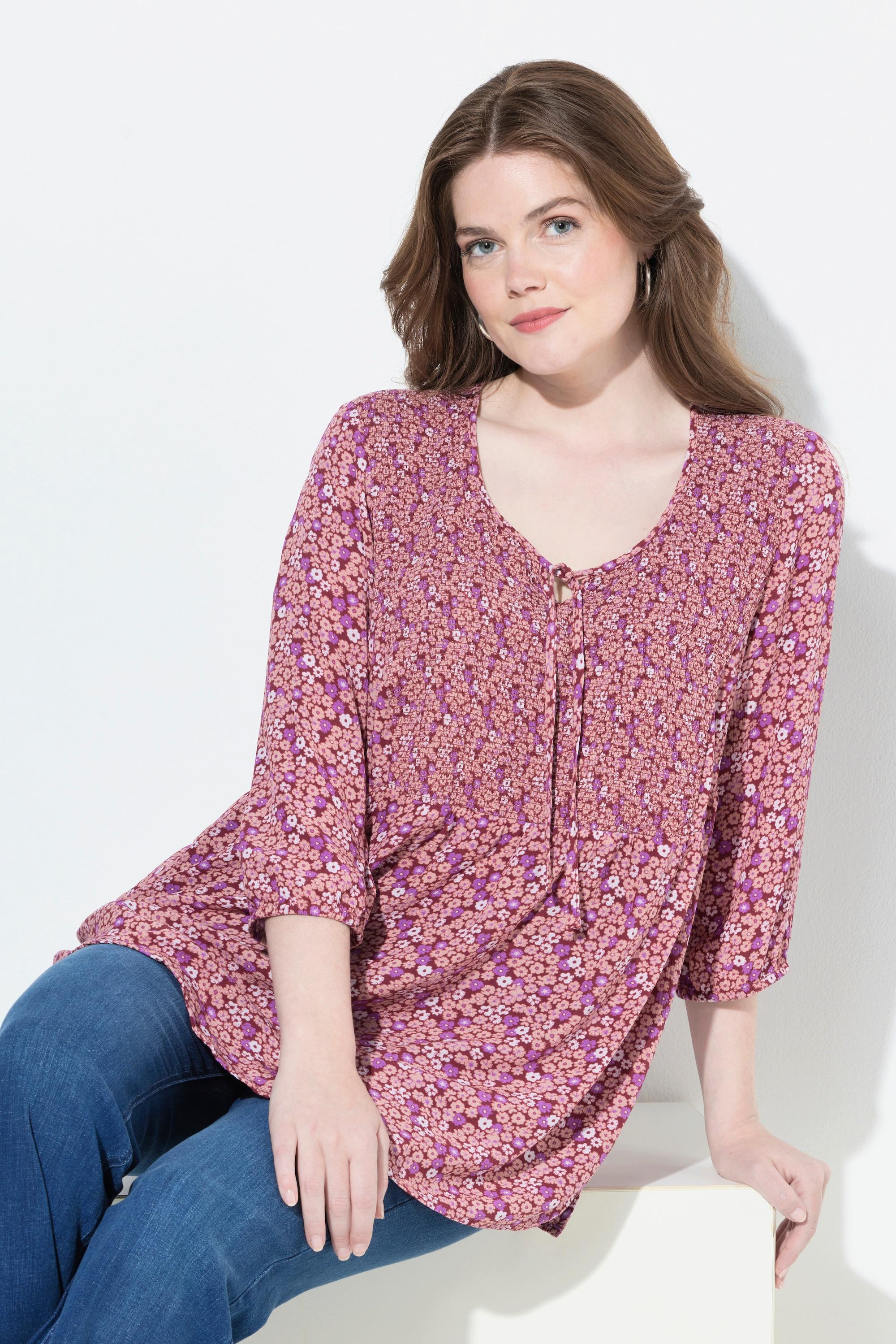 Ulla Popken Blouse Smockée Motif à Fleurs Décolleté Rond Manches 3/4  