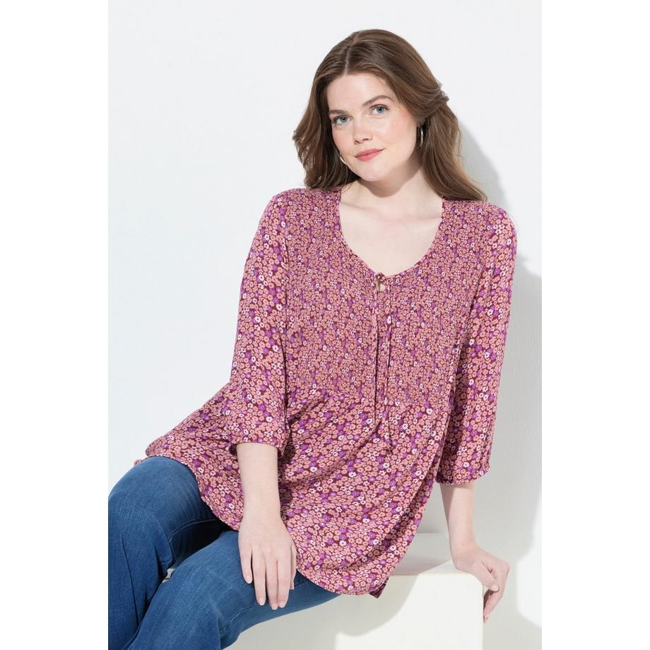 Ulla Popken Smokbluse Blüten A-Linie Rundhals 3/4-Arm  