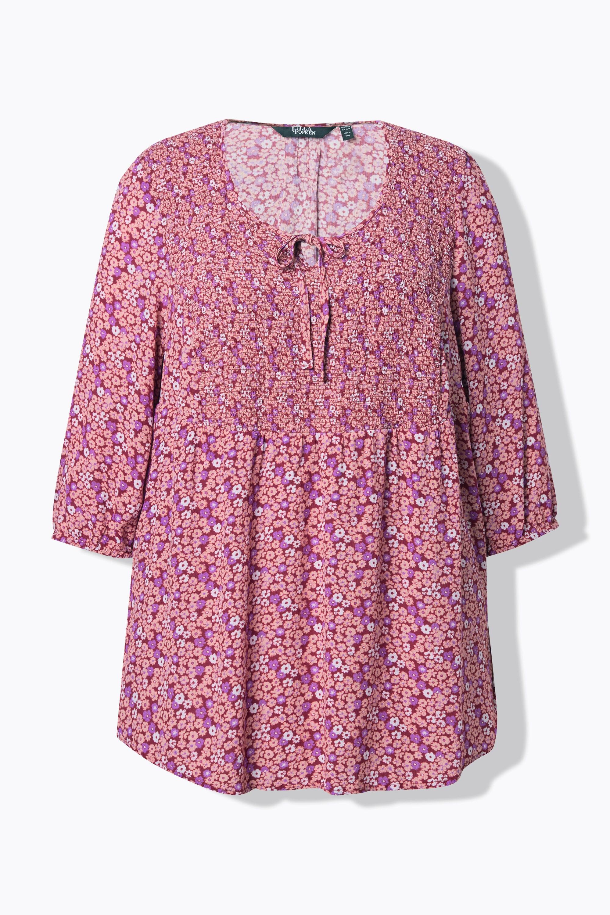Ulla Popken Blouse Smockée Motif à Fleurs Décolleté Rond Manches 3/4  