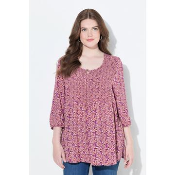 Blusa a punto smock con design floreale, taglio svasato, scollo a girocollo e maniche a 3/4