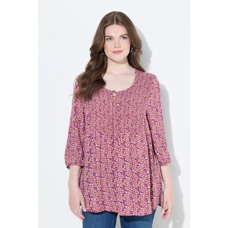 Ulla Popken Blouse Smockée Motif à Fleurs Décolleté Rond Manches 3/4  