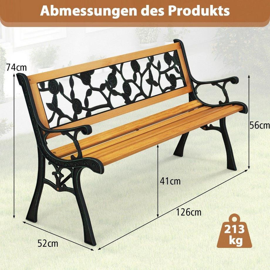 Northio Gartenbank mit Metallgussrahmen & Holzsitz Ergonomische Sitzbank für 3 Personen 127,5 cm Lang  
