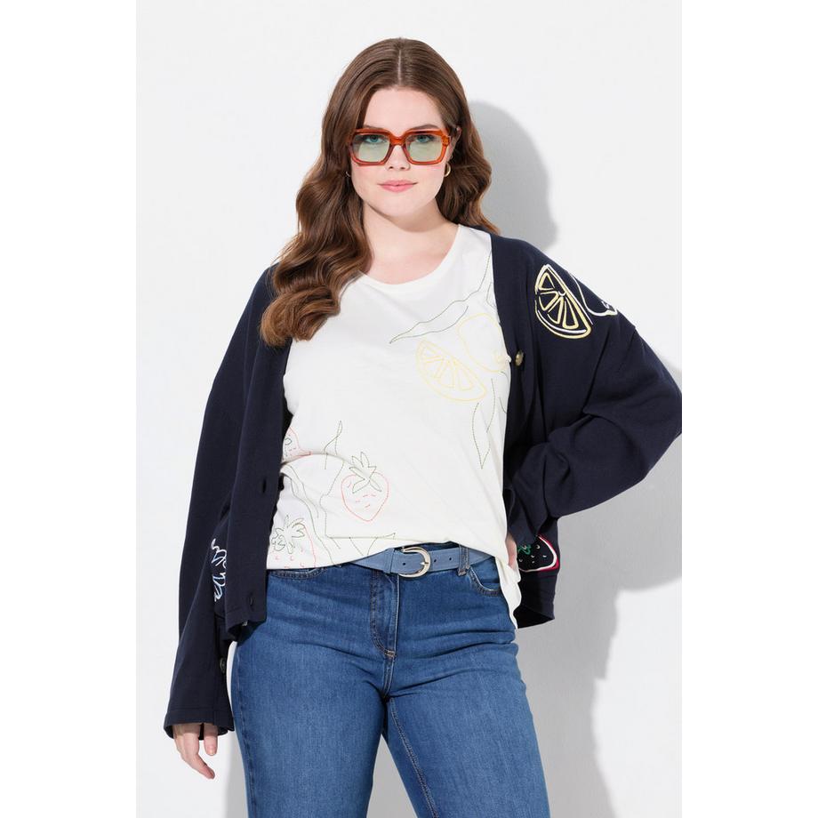 Ulla Popken Besticktes Rundhals Halbarm Biobaumwoll T-Shirt  