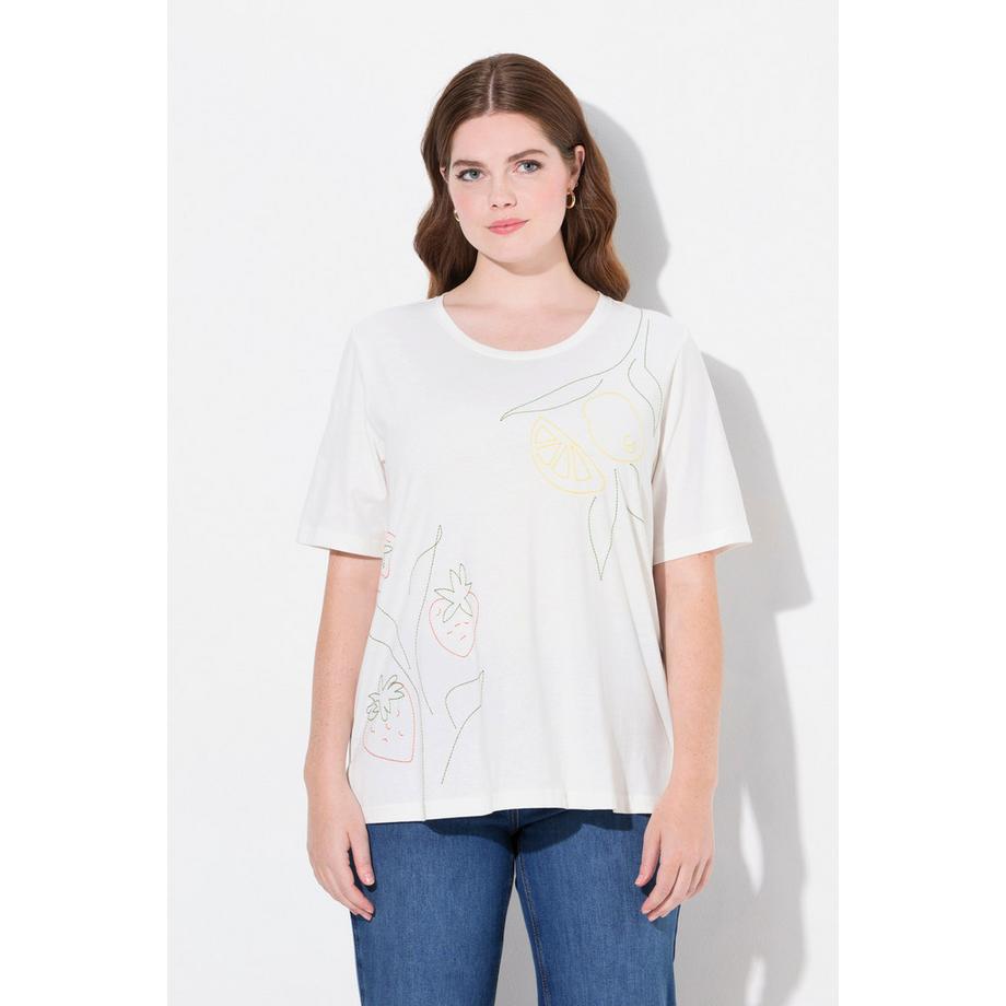 Ulla Popken Besticktes Rundhals Halbarm Biobaumwoll T-Shirt  