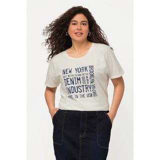 Ulla Popken  T-shirt dal taglio oversize con stampa dedicata al denim, scollo a girocollo e mezze maniche 