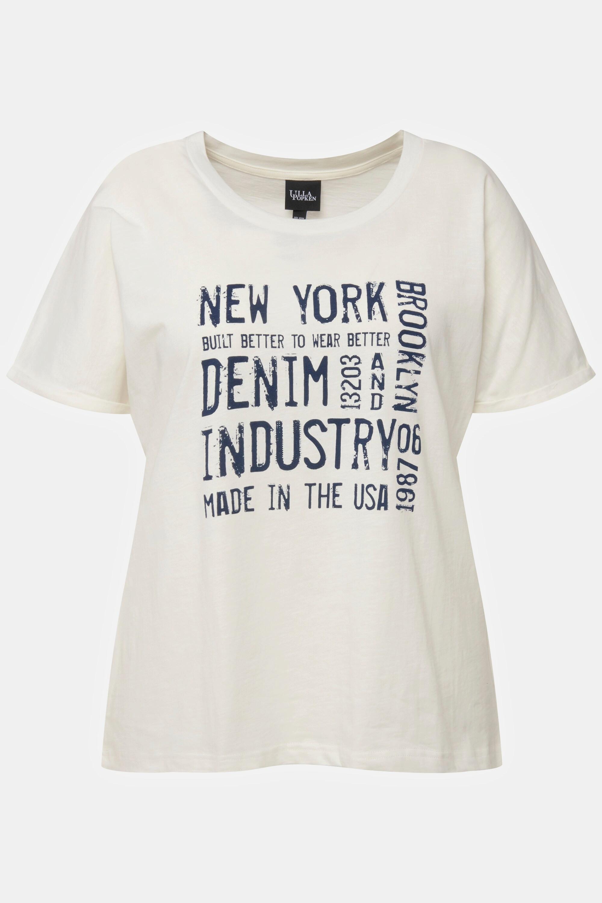 Ulla Popken  T-shirt dal taglio oversize con stampa dedicata al denim, scollo a girocollo e mezze maniche 