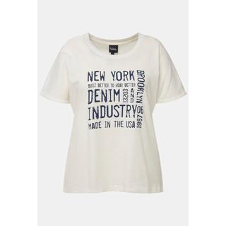 Ulla Popken  T-shirt dal taglio oversize con stampa dedicata al denim, scollo a girocollo e mezze maniche 