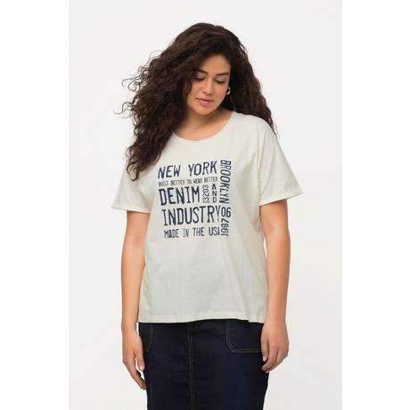 Ulla Popken  T-shirt dal taglio oversize con stampa dedicata al denim, scollo a girocollo e mezze maniche 