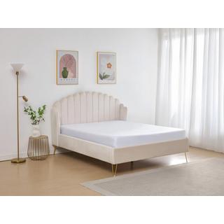 Vente-unique Lit 140 x 190 cm avec tête de lit ondulée - Velours - Beige - SAGALI  