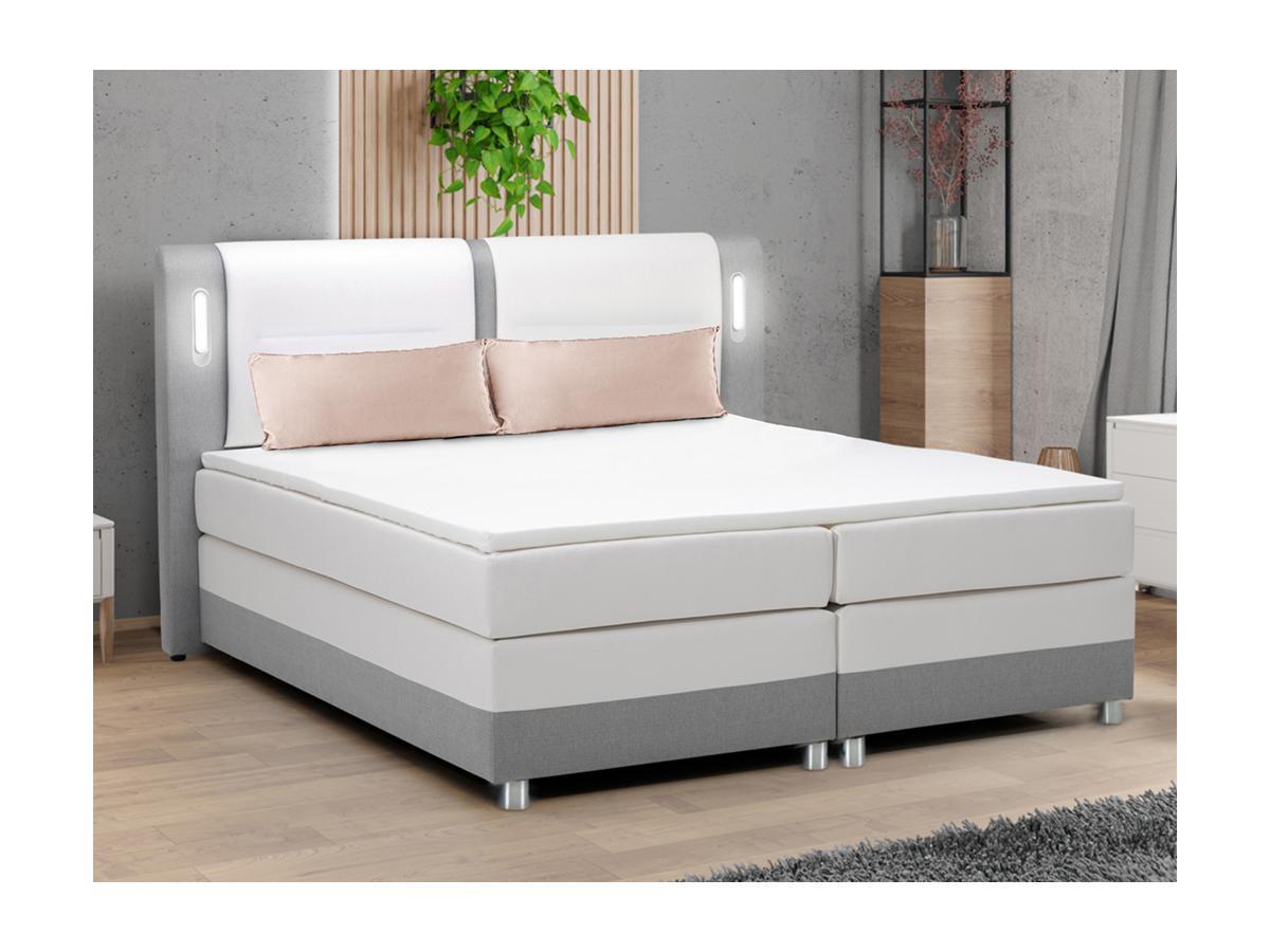 DREAMEA Set boxspring testata LED+reti+materasso+topper Tessuto Similpelle Grigio Bianco RIMINI di DREAMEA  