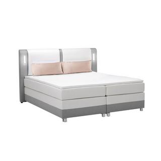 DREAMEA Set boxspring testata LED+reti+materasso+topper Tessuto Similpelle Grigio Bianco RIMINI di DREAMEA  