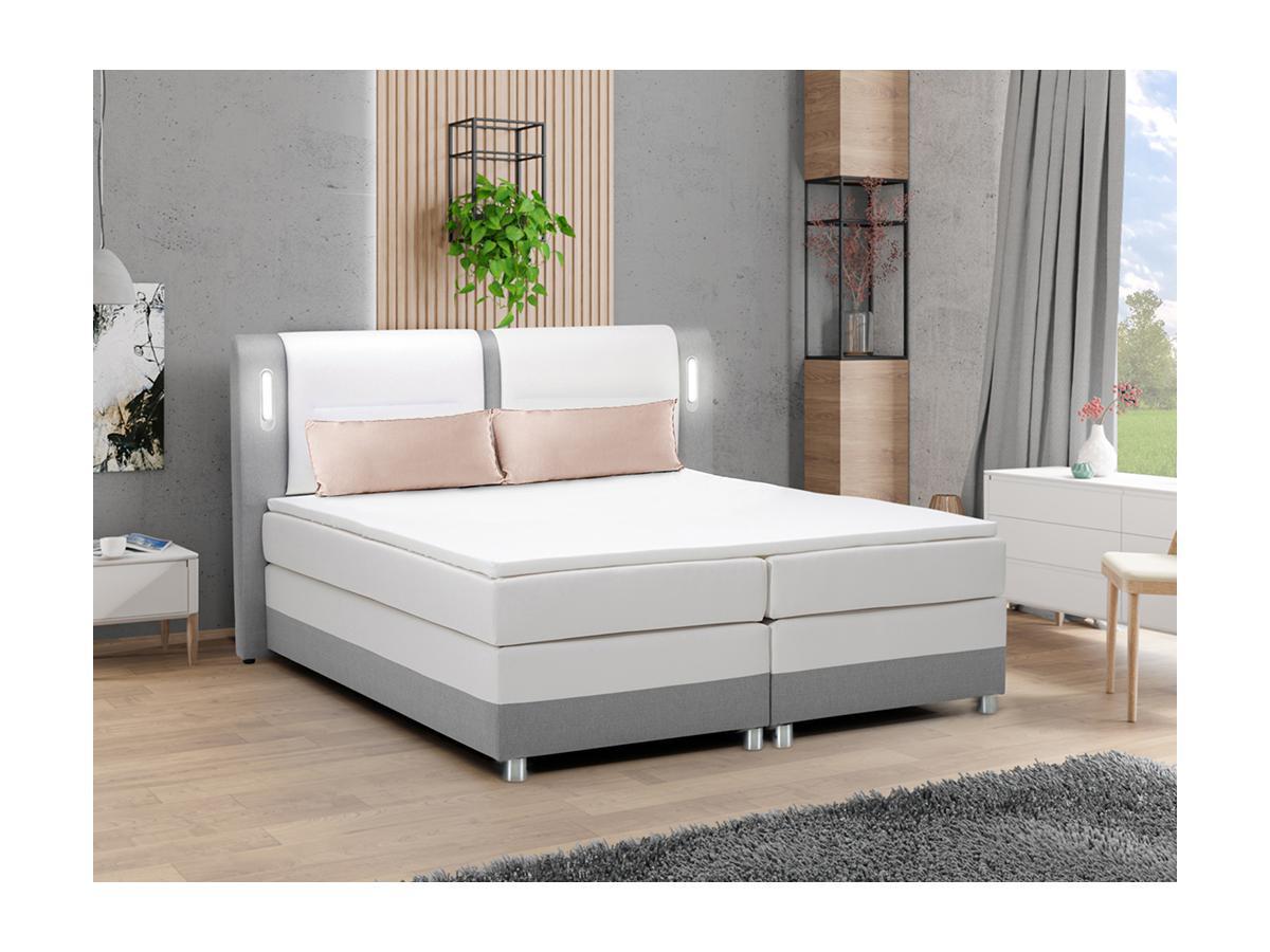 DREAMEA Set boxspring testata LED+reti+materasso+topper Tessuto Similpelle Grigio Bianco RIMINI di DREAMEA  