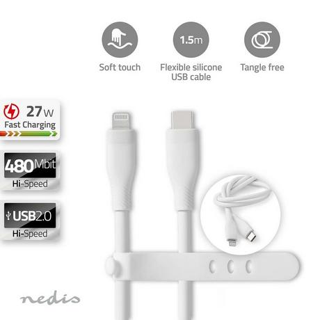 Nedis  Câble Lightning | USB 2.0 | Apple Lightning, 8 broches | USB-C™ mâle | 480 Mbps | Nickelé | 1,50 m | Rond | Silicone | Blanc | Boîte 