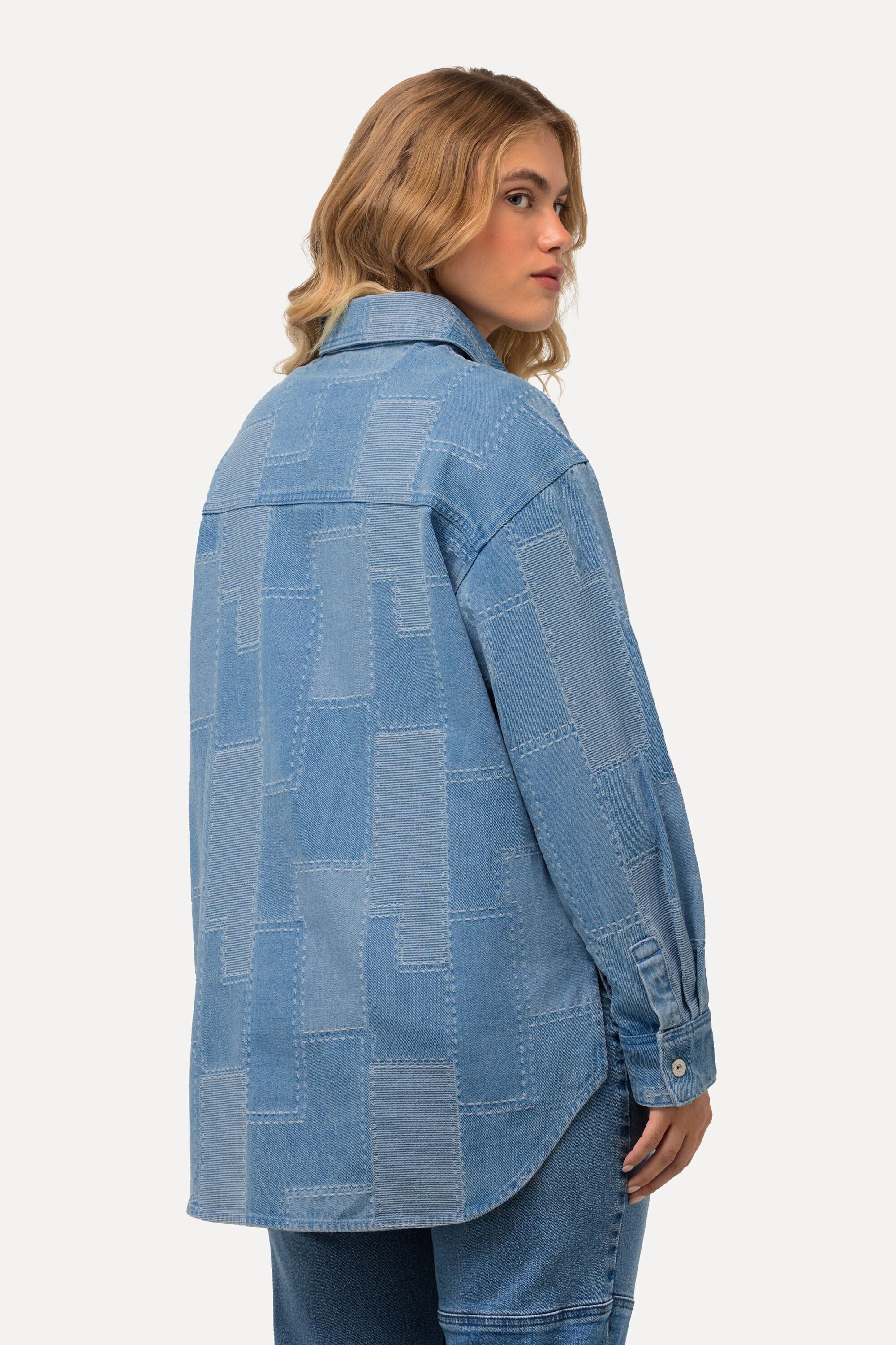 Ulla Popken  Camicia di jeans dal taglio oversize con effetto patchwork, collo da camicia e maniche lunghe 