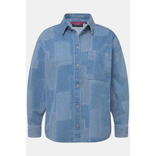 Ulla Popken  Camicia di jeans dal taglio oversize con effetto patchwork, collo da camicia e maniche lunghe 