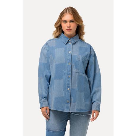 Ulla Popken  Camicia di jeans dal taglio oversize con effetto patchwork, collo da camicia e maniche lunghe 