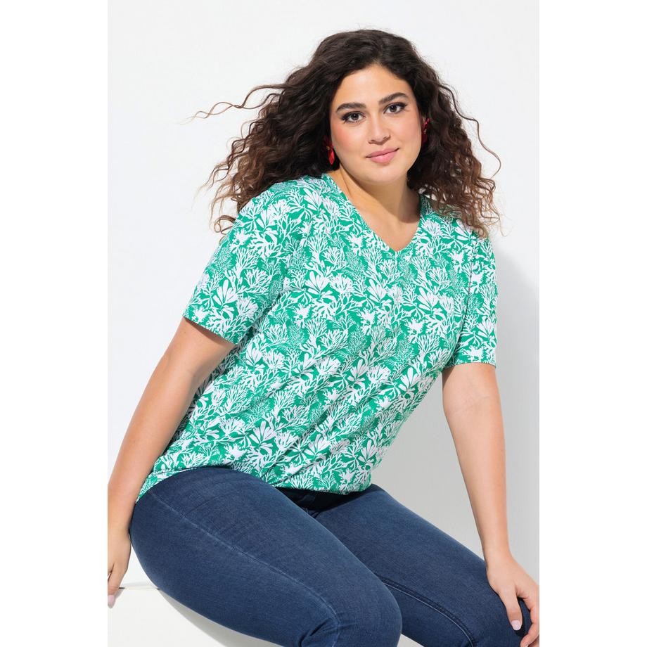 Ulla Popken T-Shirt Stampa Floreale Scollo a V Mezza Manica Taglio ad A  