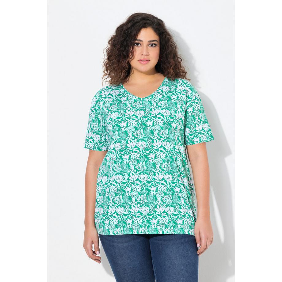 Ulla Popken T-Shirt Stampa Floreale Scollo a V Mezza Manica Taglio ad A  