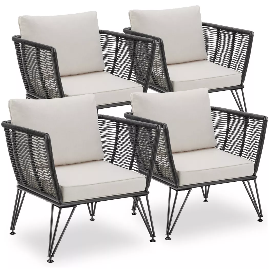 tectake® Garten-Loungesessel , rundes Polyrattan im Rope-Design, abnehmbare Polyesterbezüge, 75,5 x 67 x 71 cm