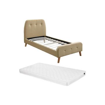 Letto 90 x 190 cm con testata trapuntata Tessuto Beige + Materasso  - ROMEO