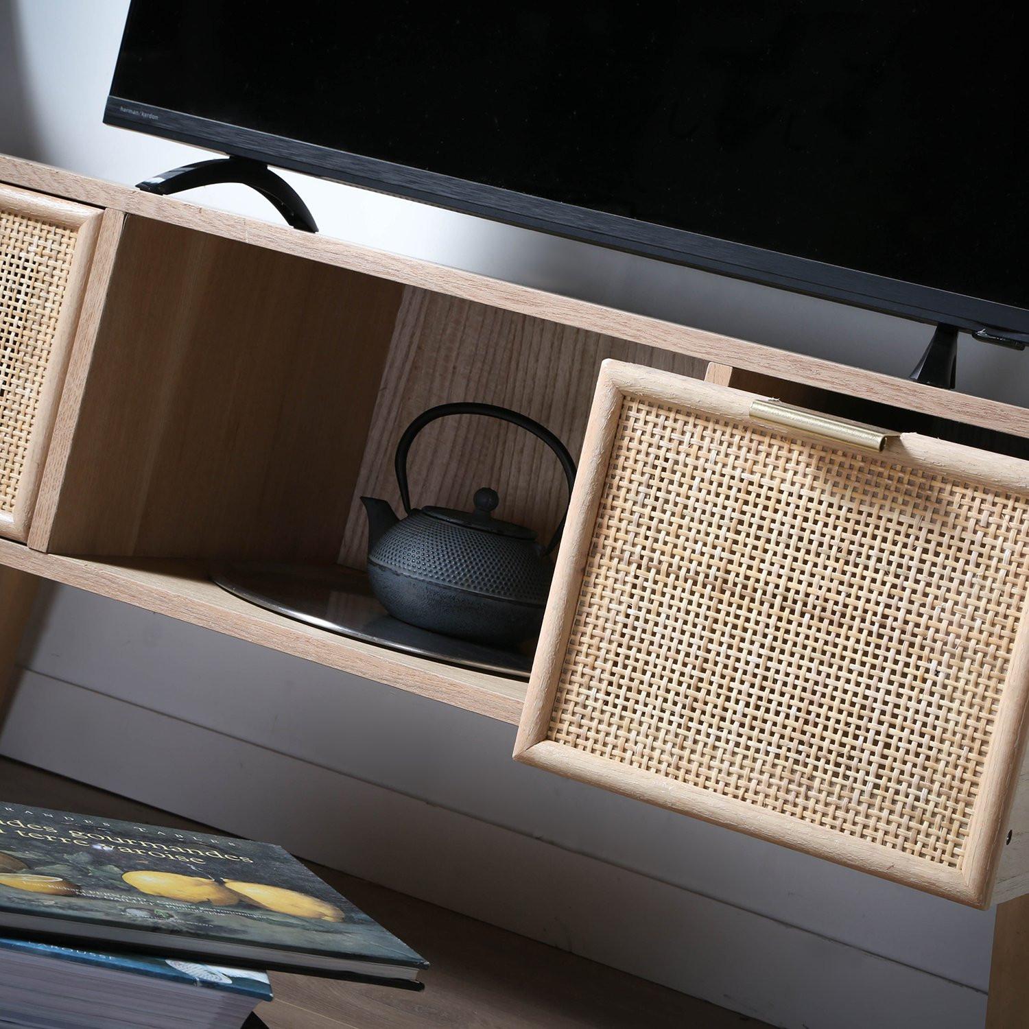 Calicosy Mueble de TV con 2 cajones y frentes de ratán L100 cm - MIYA  