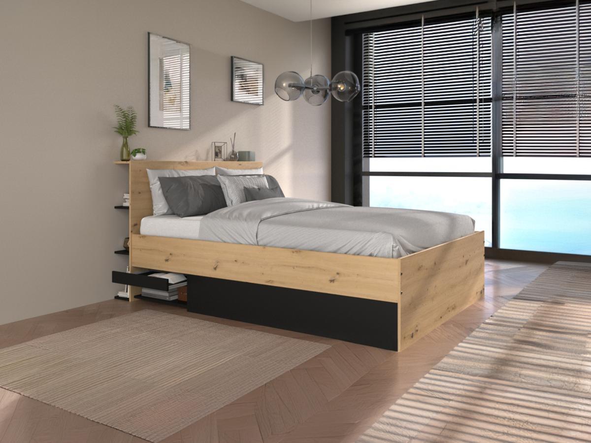 Vente-unique Letto con contenitore 140 x 190 cm Naturale e Nero + Materasso - RADANI  