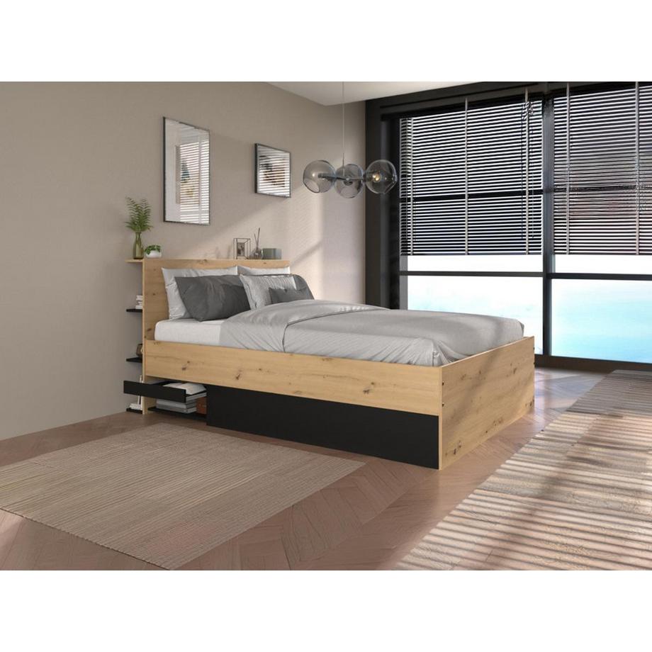 Vente-unique Letto con contenitore 140 x 190 cm Naturale e Nero + Materasso - RADANI  