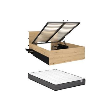 Lit coffre 140 x 190 cm - Coloris : Naturel et noir + Matelas - RADANI