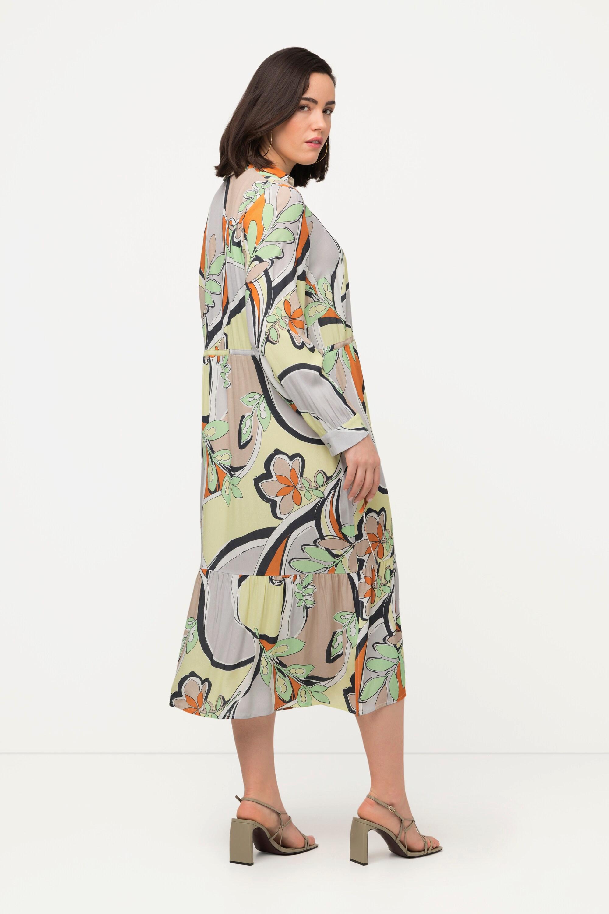 Ulla Popken Abito Fantasia Floreale Grafica Collo Camicia Maniche Lunghe  