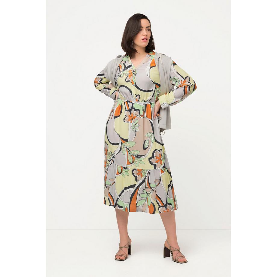 Ulla Popken Robe Motif Floral Graphique Col Chemise Manches Longues  